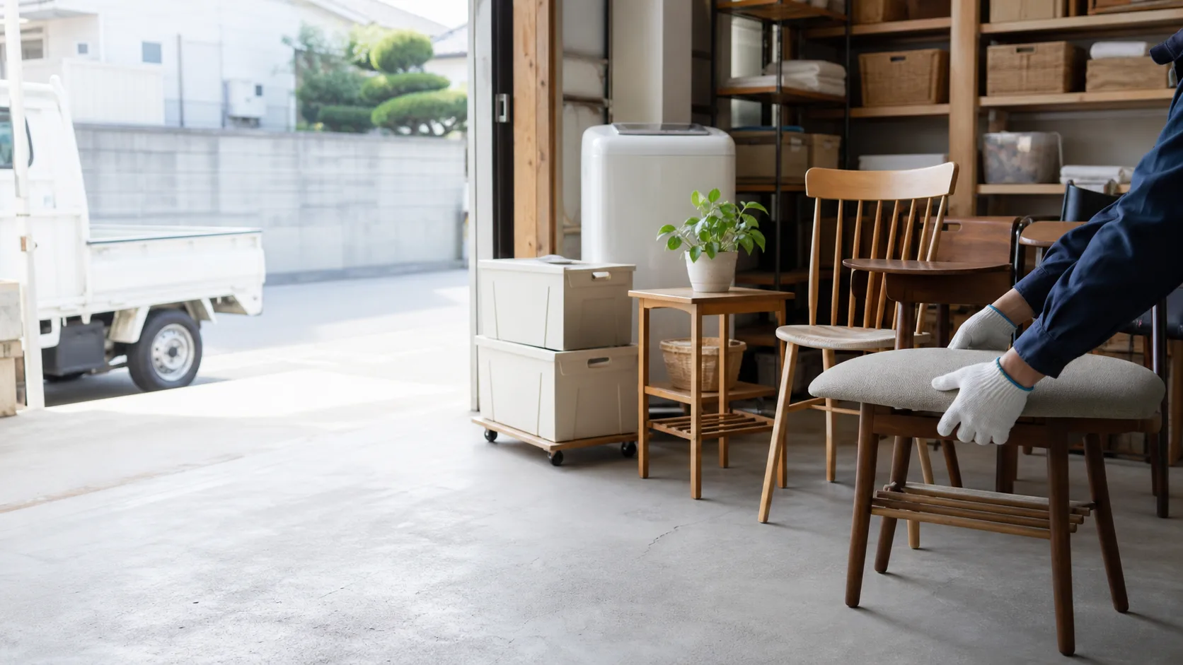 遺品整理・不用品回収後に整えられたリユース品と軽トラック
